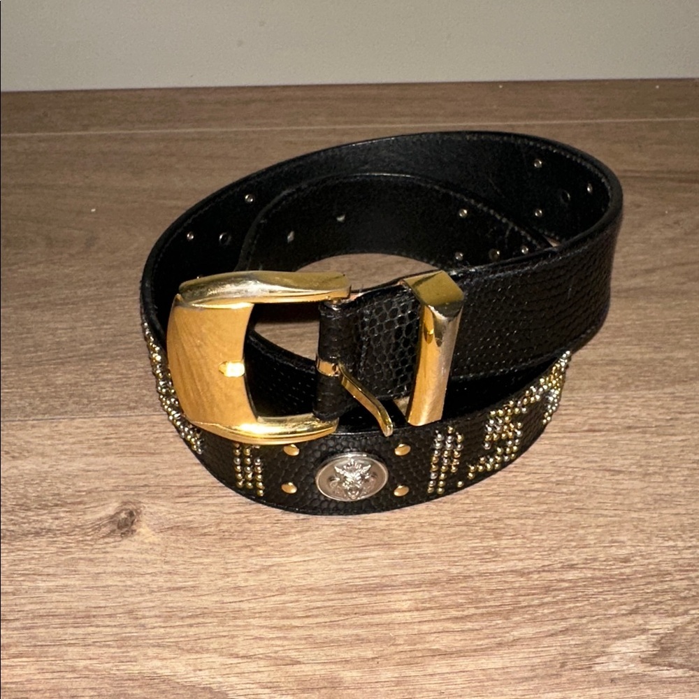 Gianni Versace Vintage Black Gold and Silver Tone Studded Belt Size 30